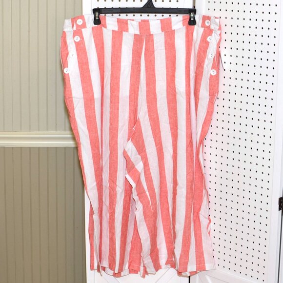 Plus Size 26/28W Cato Wide Leg Cropped Linen Coral Striped Beach Pants NWT - Picture 2 of 11